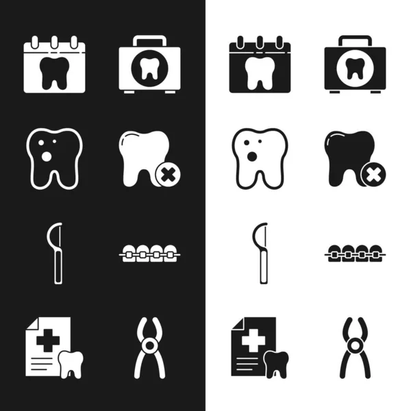 Set de dientes con caries, diente de calendario, botiquín de primeros auxilios, hilo dental, ortodoncia, pinzas e icono de la tarjeta. Vector — Vector de stock