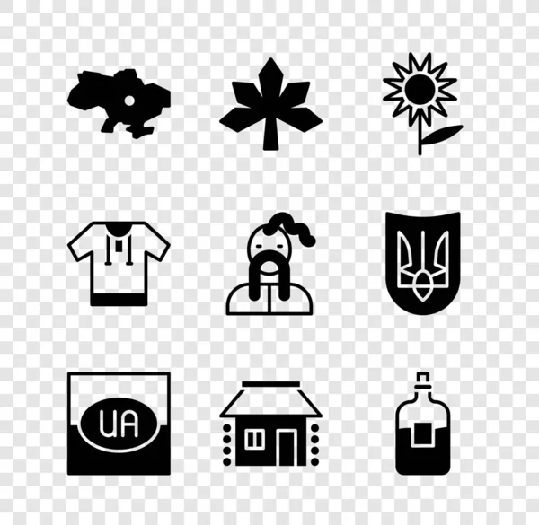 Set Kaart van Oekraïne, Kastanjeblad, Zonnebloem, Vlag, Oekraïense huis, Flessenwodka, geborduurd shirt en kozak pictogram. Vector — Stockvector