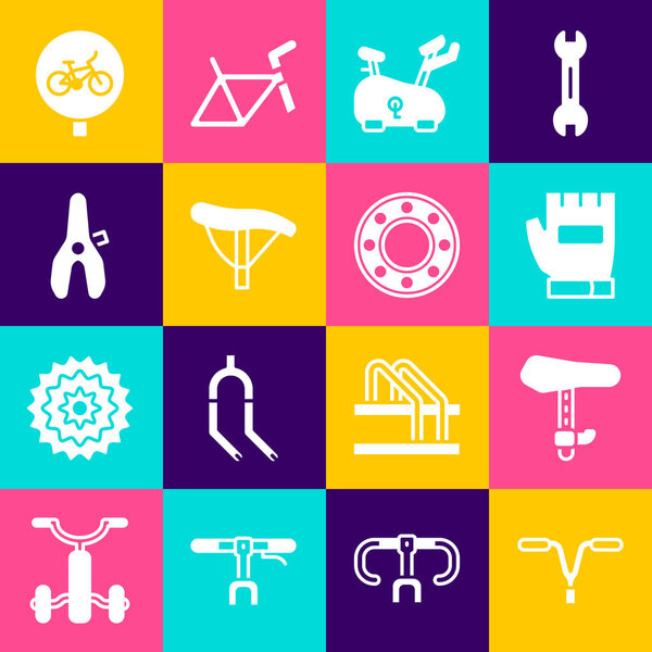 Set Bicycle handlebar, seat, Gloves, Stationary bicycle, and ball bearing icon. Vector