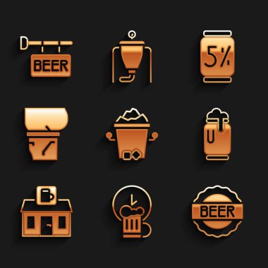 Buz kovası, indirimli içki, bira şişesi, köpük, dükkan binası, göbek ve tabela simgesi. Vektör