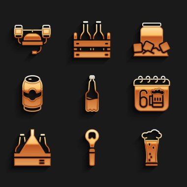 Plastik bira şişesi, şişe açacağı, Aziz Patrick Günü takvimi, paket şişeleri, bira kutusu, Soğuk ve kask ikonu. Vektör