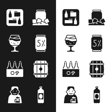 Bira kutusu, bir bardak bira, menü, soğuk, kutu, tahta fıçı, ikonlu plastik ve mutlu adam. Vektör