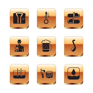 Bornoz, merdiveni olan yüzme havuzu tahta balta kütüğü, bira kupası sauna adamı, sauna terlikleri, su damlası ve termometre ikonu. Vektör