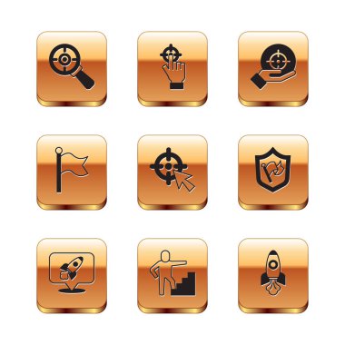 Hedefi büyüteç, roket gemisi, merdiven bitiş bayrağı, bayrak ve simgeyle belirleyin. Vektör