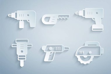 Elektrik kablosuz tornavida, inşaat matkabı, dairesel testere, Karşılaştırma ve matkap ikonu ayarlayın. Vektör