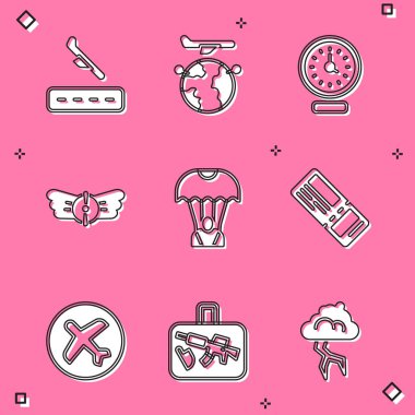 Uçak inişini ayarlayın, uçan uçakla Globe, Clock, Aviation amblemi, Paraşüt, uçak bileti ve çanta ikonu. Vektör