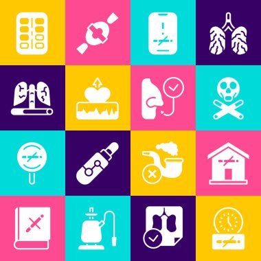 Evde sigara içmek yok, kemik ve kafatası, kalp atışı artışı, akciğerler, nikotin sakız şişliği ve sağlıklı nefes alma ikonu. Vektör