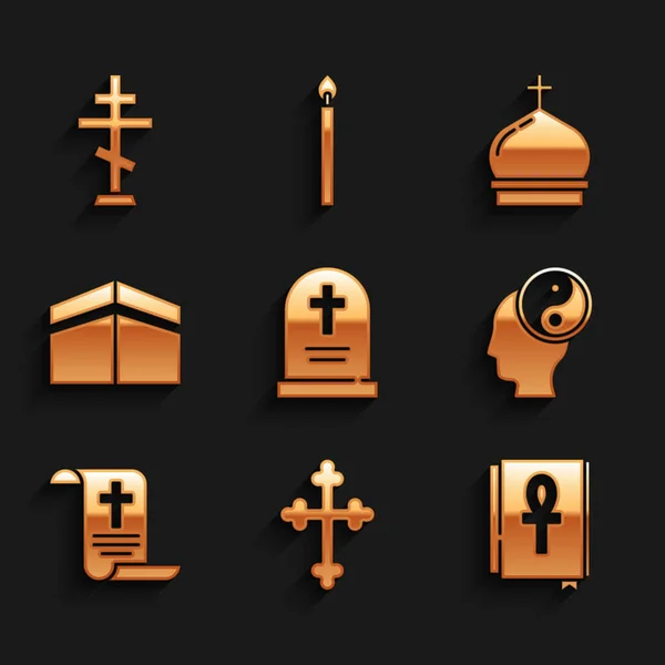 Set Grabstein mit Kreuz, Christ, Kreuz ankh Buch, Yin Yang, Dekret, Papier, Pergament, Schriftrolle, Kaaba Moschee, Kirchturm und Ikone. Vektor — Stockvektor