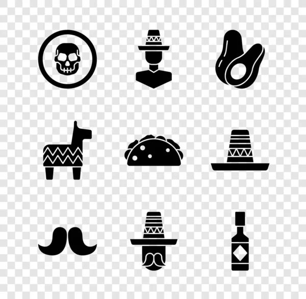 Set Mexicaanse schedel munt, man sombrero, Avocado fruit, snor, Tabasco saus, Pinata en Taco met tortilla icoon. Vector — Stockvector