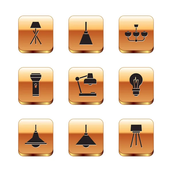 Conjunto Lâmpada de assoalho, Lustre, Lâmpada pendurada, Mesa, Lanterna e ícone. Vetor — Vetor de Stock