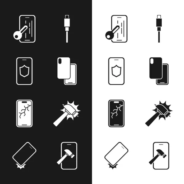 Conjunto Smartphone, Móvil con escudo, Protector de pantalla de vidrio, cable USB, roto, martillo, y el icono a prueba de golpes. Vector — Vector de stock