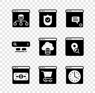 Sunucu, Data, Tarayıcı ile kalkan, Yeni sohbet mesajları bildirimi, çevrimiçi alışveriş ekranı, pencere, Arama motoru ve Cloud teknoloji veri aktarım simgesini ayarlayın. Vektör