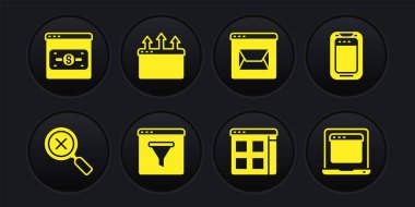 Büyüteci ve silmeyi ayarla, cep telefonu, tarayıcı penceresi, dosyalar, web sitesi postası, tarayıcı ve çevrimiçi alışveriş ekranı simgesi olan dizüstü bilgisayar. Vektör