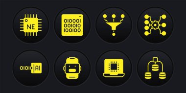 İkili kod, sinirsel ağ, sohbet botu, işlemci işlemcisi, huni filtresi, sunucu, veri ve simgeyi ayarla. Vektör