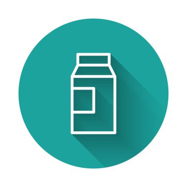 Süt ikonu için uzun gölgeli beyaz çizgi kağıt paketi. Süt paketi işareti. Yeşil daire düğmesi. Vektör