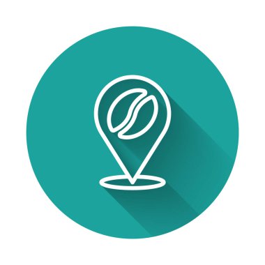 Uzun gölgeli kahve çekirdeği ikonlu beyaz çizgi konumu. Yeşil daire düğmesi. Vektör