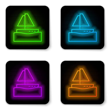 Parlayan neon hattı, yelkenli ya da yelkenli gemi ikonu beyaz arka planda izole edilmiş. Yelkenli deniz seyahati. Siyah kare düğme. Vektör