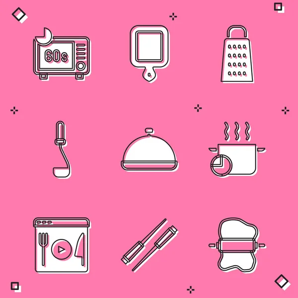 Set Mikrowelle, Schneidebrett, Reibe, Küchenkelle, mit Tablett mit Lebensmitteln, Kochtopf, Live-Streaming und Essstäbchen Symbol abgedeckt. Vektor — Stockvektor