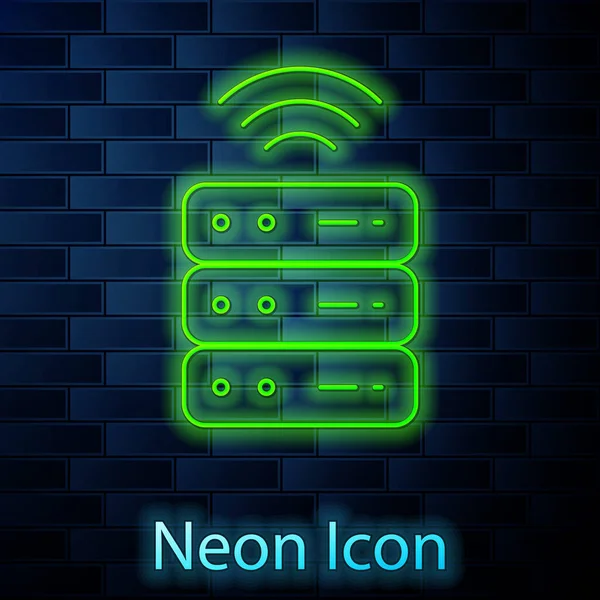 Leuchtende Neon Line Smart Server, Daten, Web-Hosting-Symbol isoliert auf Ziegelwand Hintergrund. Konzept Internet der Dinge mit drahtloser Verbindung. Vektor — Stockvektor