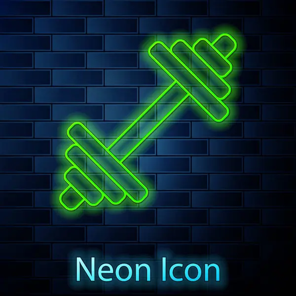 Leuchtende Neon-Linie Hantel-Symbol isoliert auf Backsteinwand Hintergrund. Muskellifting-Ikone, Fitness-Langhantel, Fitnessstudio, Sportgeräte, Übungshantel. Vektor — Stockvektor