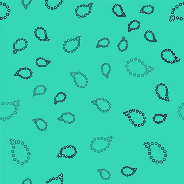 Svart linje radband pärlor religion ikon isolerad sömlös mönster på grön bakgrund. Vektor — Stock vektor