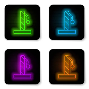 Beyaz arka planda izole edilmiş oyuncak ikonu olan parlak neon çizgili Kedi çizgisi. Siyah kare düğme. Vektör