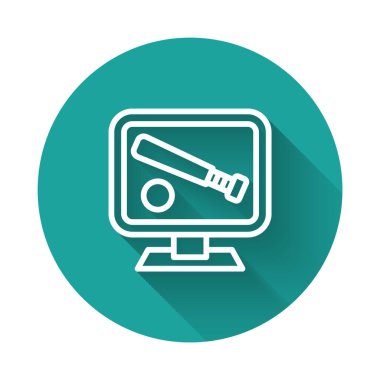 Beyzbol topu ve uzun gölge arkaplan izole ekran ikonu üzerinde sopa ile beyaz çizgi monitörü. Çevrimiçi beyzbol maçı. Yeşil daire düğmesi. Vektör