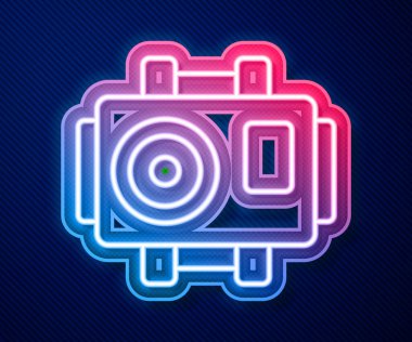Dalgıç simgesi için parlayan neon hattı fotoğraf makinesi mavi arkaplanda izole edildi. Fotoğraf makinesi simgesi. Su altı ekipmanları. Vektör