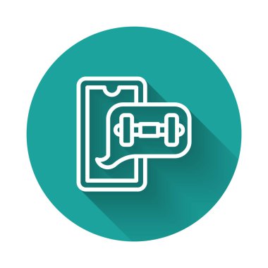 Beyaz çizgi spor ikonu için uzun gölge arkaplan izole Fitness uygulaması. Sağlık hizmeti mobil uygulama kavramı. Çevrimiçi fitness ya da seyyar antrenör. Yeşil daire düğmesi. Vektör