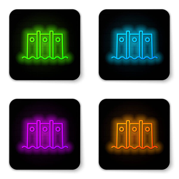 Glowing neon line Hydroelectric dam icon isolated on white background. Water energy plant. Hydropower. Hydroelectricity. Black square button. Vector