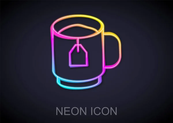 Linha de néon brilhante xícara de chá com ícone de saco de chá isolado no fundo preto. Vetor — Vetor de Stock