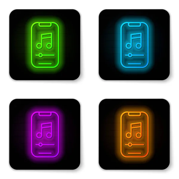 Glowing neon line Music player icon isolated on white background. Portable music device. Black square button. Vector — Stock Vector