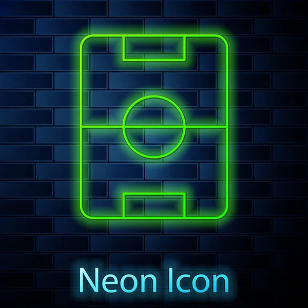 Leuchtende Neon-Linie Fußball- oder Fußballfeld-Symbol isoliert auf Backsteinwand Hintergrund. Vektor — Stockvektor