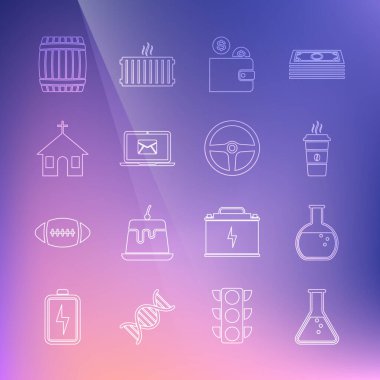 Test tüpü ve matara, kahve fincanı, bozuk para dolu cüzdan, laptop zarfı, kilise binası, tahta fıçı ve direksiyon simgesi. Vektör