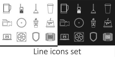 Rom, muhallebi, lastik pompa, testere bıçağı, sinema kamerası, bir bardak bira, kahve fincanı ve telsiz ikonu ile ahşap bir fıçı hazırla. Vektör