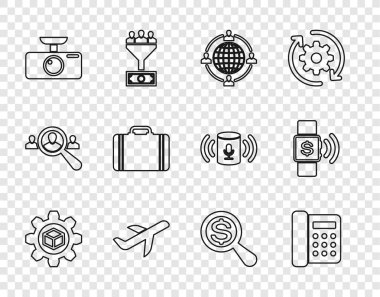 Set hattı geliştirme, telefon, dış kaynak konsepti, uçak, araba DVR, seyahat çantası, büyüteç ve dolar ve temassız ödeme ikonu. Vektör
