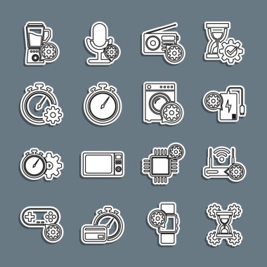 Hat ayarları, Router ve wi-fi, güç bankası, radyo, Stopwatch, zaman yönetimi, blender ve kase ikonu. Vektör