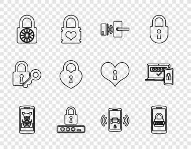 Hattı mobil ve yüz tanıma sistemi, şifre koruması, güvenli kombinasyon tekerleği, Castle kalp şekli, akıllı araba alarm sistemi ve iki adım kimlik doğrulama simgesi ayarla. Vektör