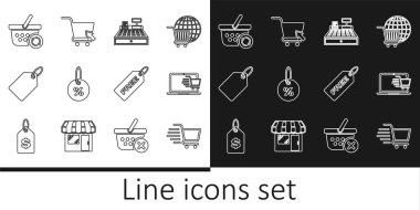 Hat çizgisi alışveriş arabası, dizüstü bilgisayar, yazar kasa, indirim etiketi, etiket şablonu fiyatı, yenilenmiş alışveriş sepeti, ücretsiz ve imleç simgesi olan fiyat. Vektör