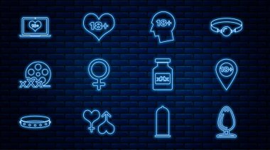 Anal tıkaç, 18 yaş üstü konum, kadın cinsiyet sembolü, film makarası seksi, dizüstü bilgisayar içeriği, iktidar ve kalp ikonu için şişe hapları. Vektör