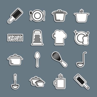 Grater, Kitchen kepçesi, bulaşık makinesi, yemek tenceresi, köpüklü sünger ve şef şapkası ikonu. Vektör
