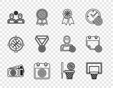 Basketbol maçı bileti, sedye, ödül, spor takvimi, oyuncular, madalya, basket ve ikon. Vektör
