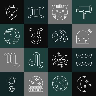 Ay ve yıldızlar, Kova burcu, Astronomik Gözlemevi, Kaplan, Boğa, Merkür Gezegeni, Koç ve Asteroid ikonu. Vektör