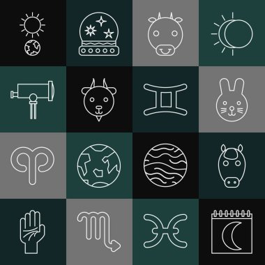 Hat çizgisi takvimi, At burcu, Tavşan, Öküz, Koç, Teleskop, Gündönümü ve İkizler simgesi. Vektör