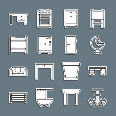 Chandelier, ofis masası, Kol sandalyesi, Mobilya komodini, duş kabini, ranza yatağı ve kapalı kapı simgesi. Vektör
