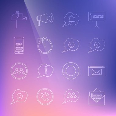 Satır Zarfı, Posta ve E- posta, Hüzünlü Konuşma balonu, Sohbet Bildirimi, Stopwatch, Mobil Soru Ünlemi, Kutu Aç ve yüz simgesi. Vektör