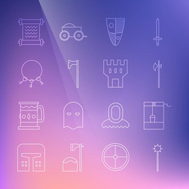 Sıraya dizilmiş Ortaçağ topları kova, halberd, kalkan, balta, eski anahtarlar, parşömen, parşömen, parşömen, parşömen ve kale ikonu. Vektör