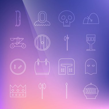 Ortaçağ demir miğferi, cellat maskesi, kadeh, kafatası, yuvarlak ahşap kalkan, mancınık fırlatma taşları, yay ve halberd ikonu. Vektör