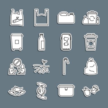 Okyanus sorunu kirliliği, çöp torbası, kağıt cam, makine yağı, losyon kozmetik tüpü, çöp kutusu, ölü kuş, plastik ve Megafon mobil ikonu. Vektör