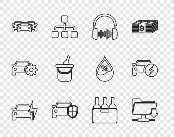 Définir Ligne Voiture Électrique Téléchargement Dossier Ftp Casque Ondes Sonores — Image vectorielle